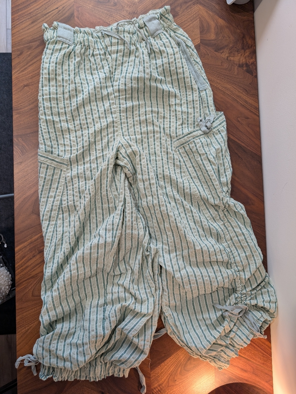 Light Green Stripe Drawstring Linen Pants